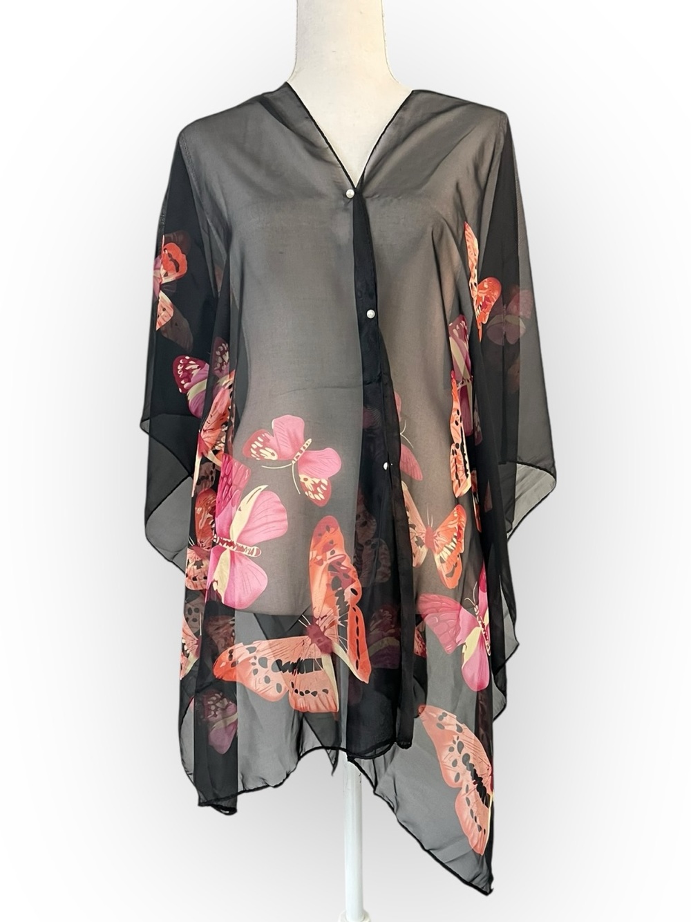 Black and Red Butterfly Chiffon Convertible Scarf Wrap Kimono OS